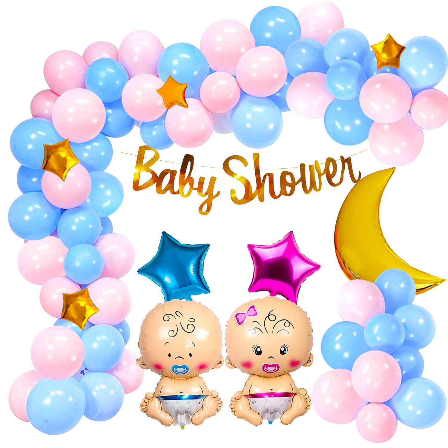 Baby Shower Combo Decorations Material Set-50Pcs Baby Shower Banner, Latex Balloon,Star Foil Balloon,Blue and Pink baby For Gender Reveal, Maternity, Pregnancy Photoshoot Material Items Supplies