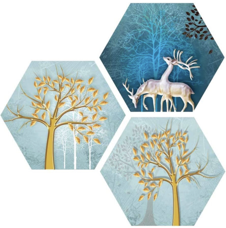 Saumic Craft Set of 3 Hexagon Beautiful Reindeer and Birds Scenery UV Textured Self Adhesive Painting with A Special Present Inside [17xX17 Inch]