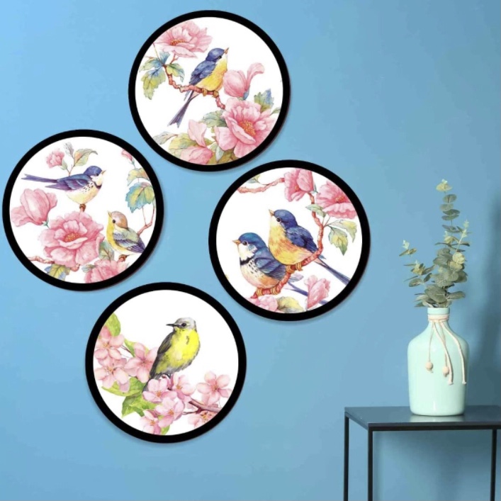 Paper Plane Design Set of 4 round frames decoration Home Decor painting Sparrows Nature (B) multicolor