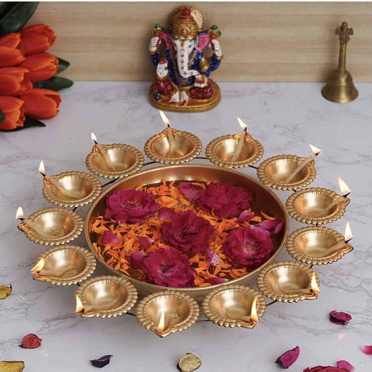 Webelkart Diya Shape Flower Decorative Urli Bowl for Home Handcrafted Bowl for Floating Flowers and Tea Light Candles Home ,Office and Table Decor| Diwali Decoration Items for Home ( 14 Inches)